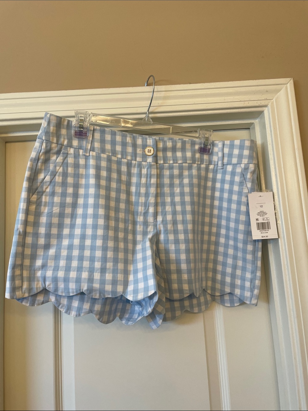 crown & ivy Light Blue & White Gingham Scalloped Hem High Waist Shorts